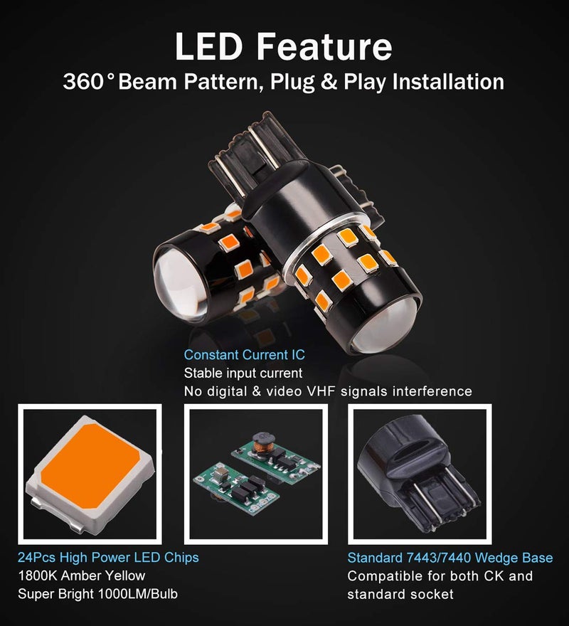BRISHINE 4-Pack Super Bright 7443 7440 992 T20 7444NA LED Bulbs Amber Yellow 9-30V Non-Polarity 24-SMD LED Chipsets with Projector for Turn Signal Lights, Side Marker Lights - Image 3